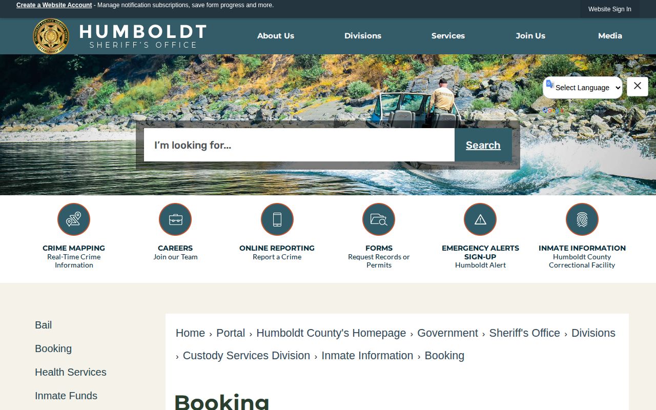 Humboldt County Sheriff booking process page