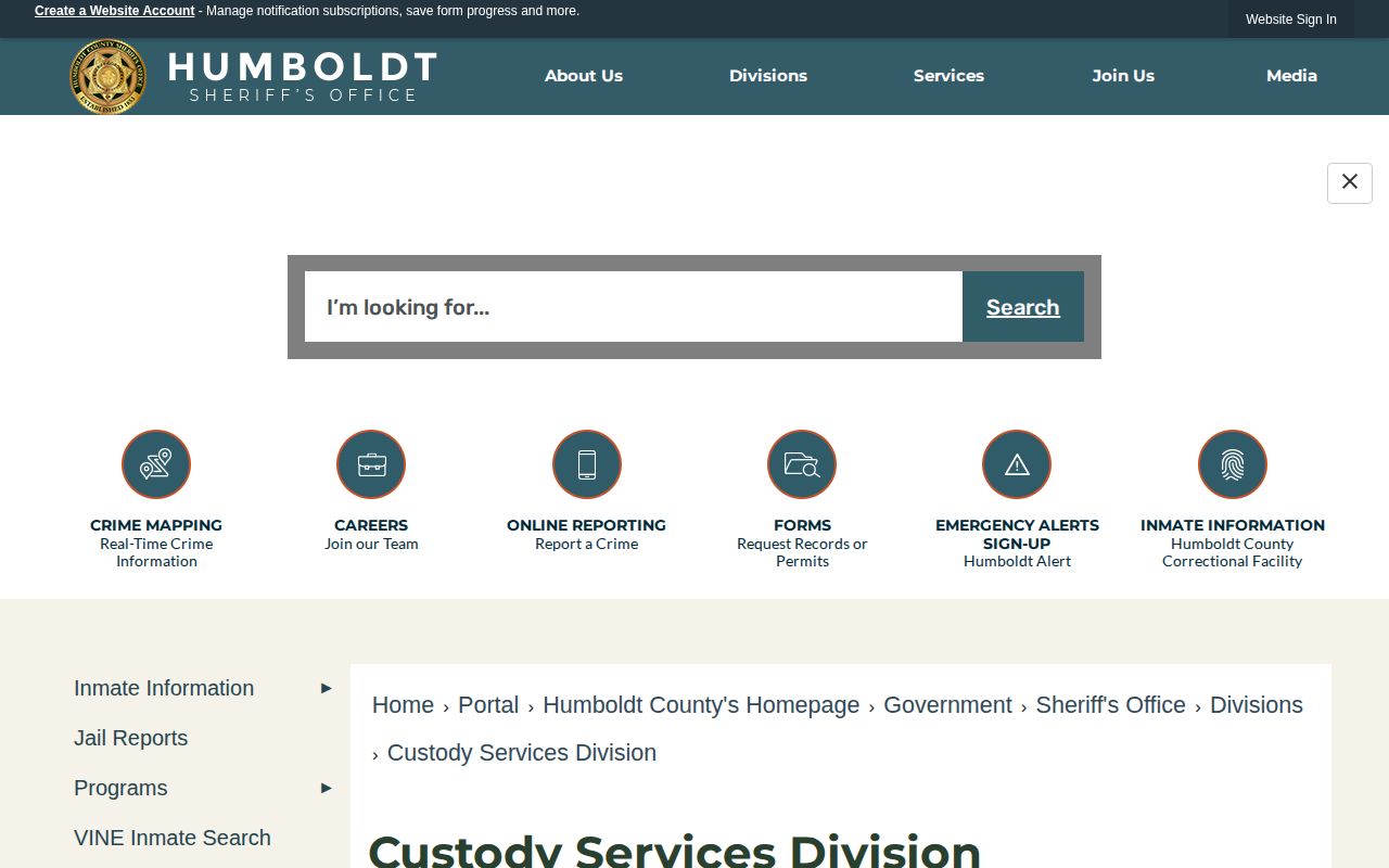 Humboldt County Custody Services page linking to VINELink