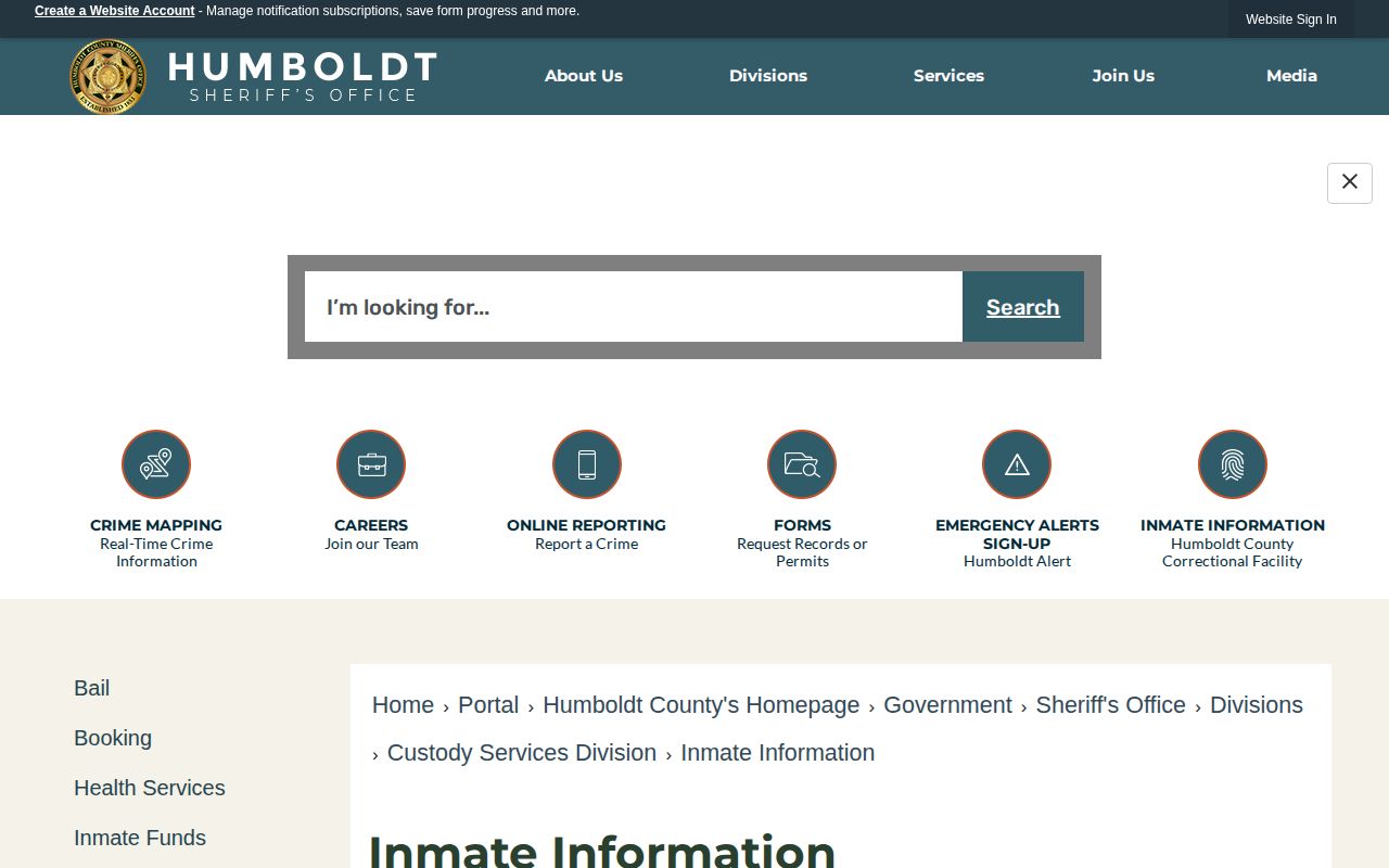 Humboldt County inmate information page