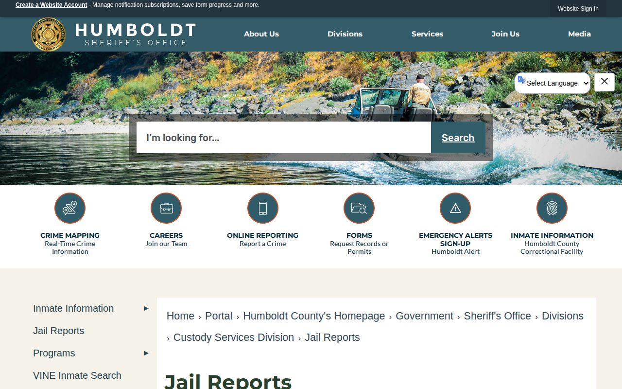 Humboldt County Jail Reports index with dated report groups