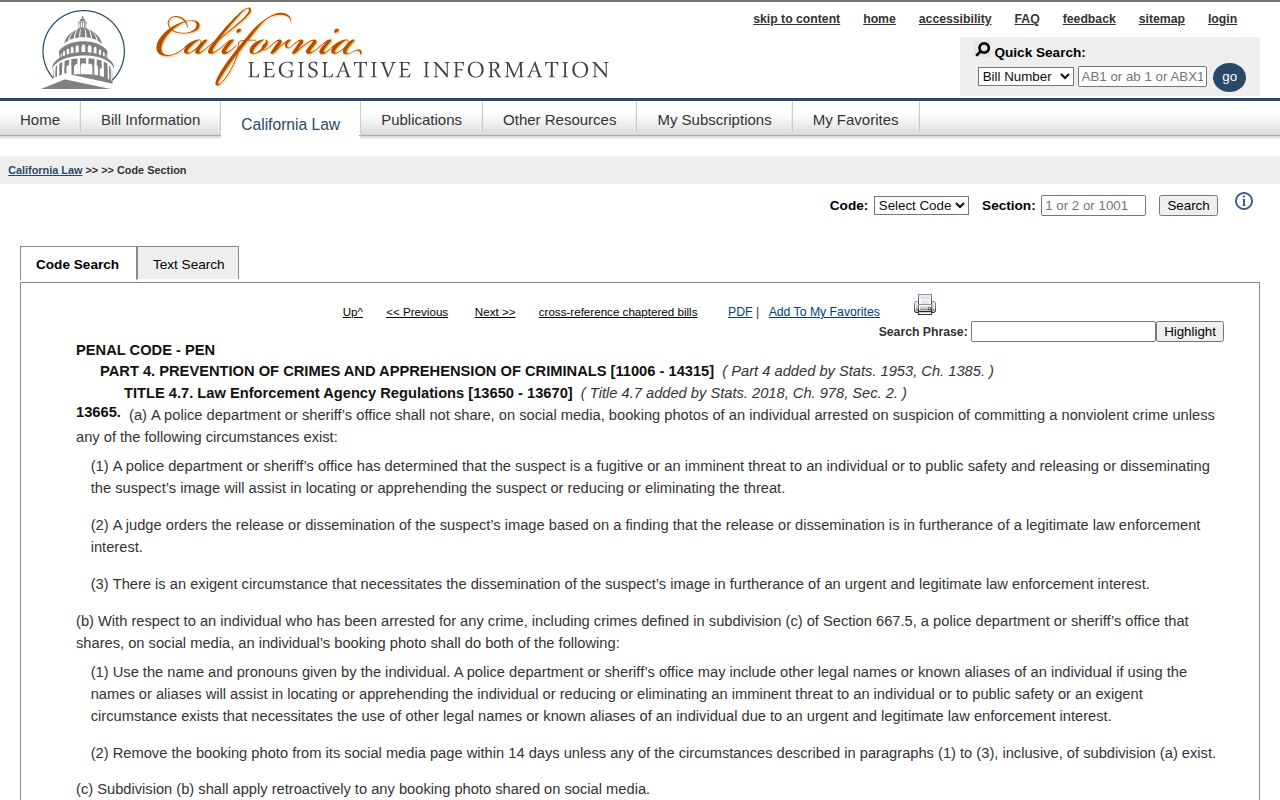 California Penal Code section 13665 official booking photograph law