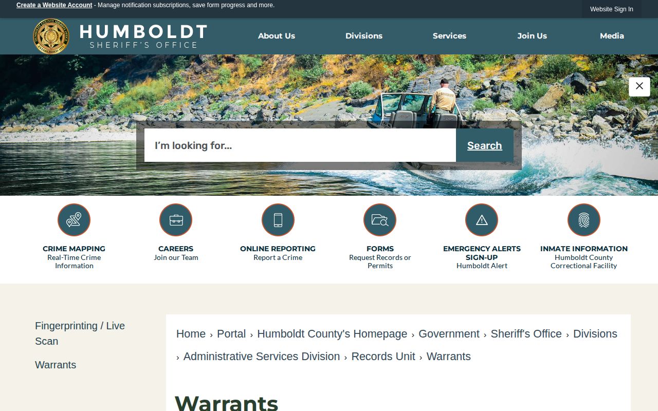 Humboldt County Sheriff warrants information page