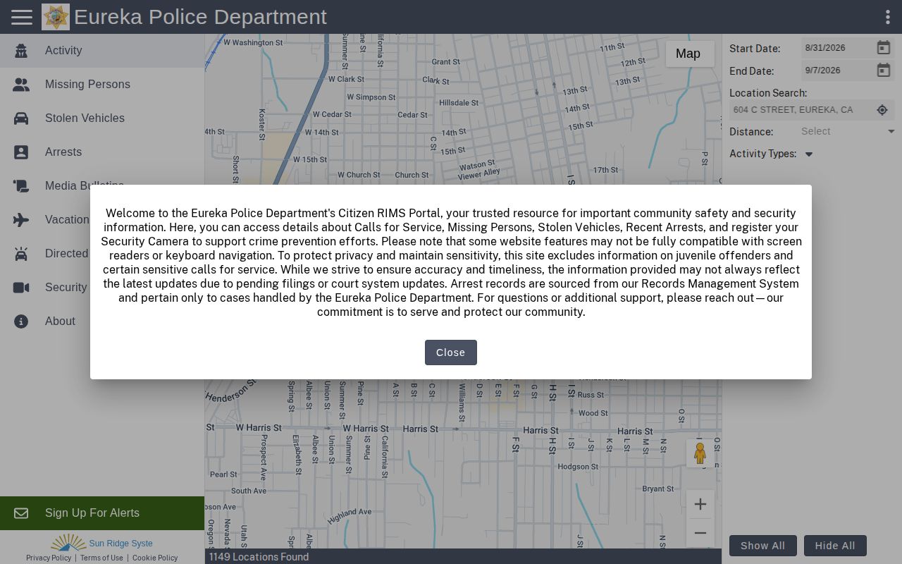 Eureka Police public arrest and incident portal interface