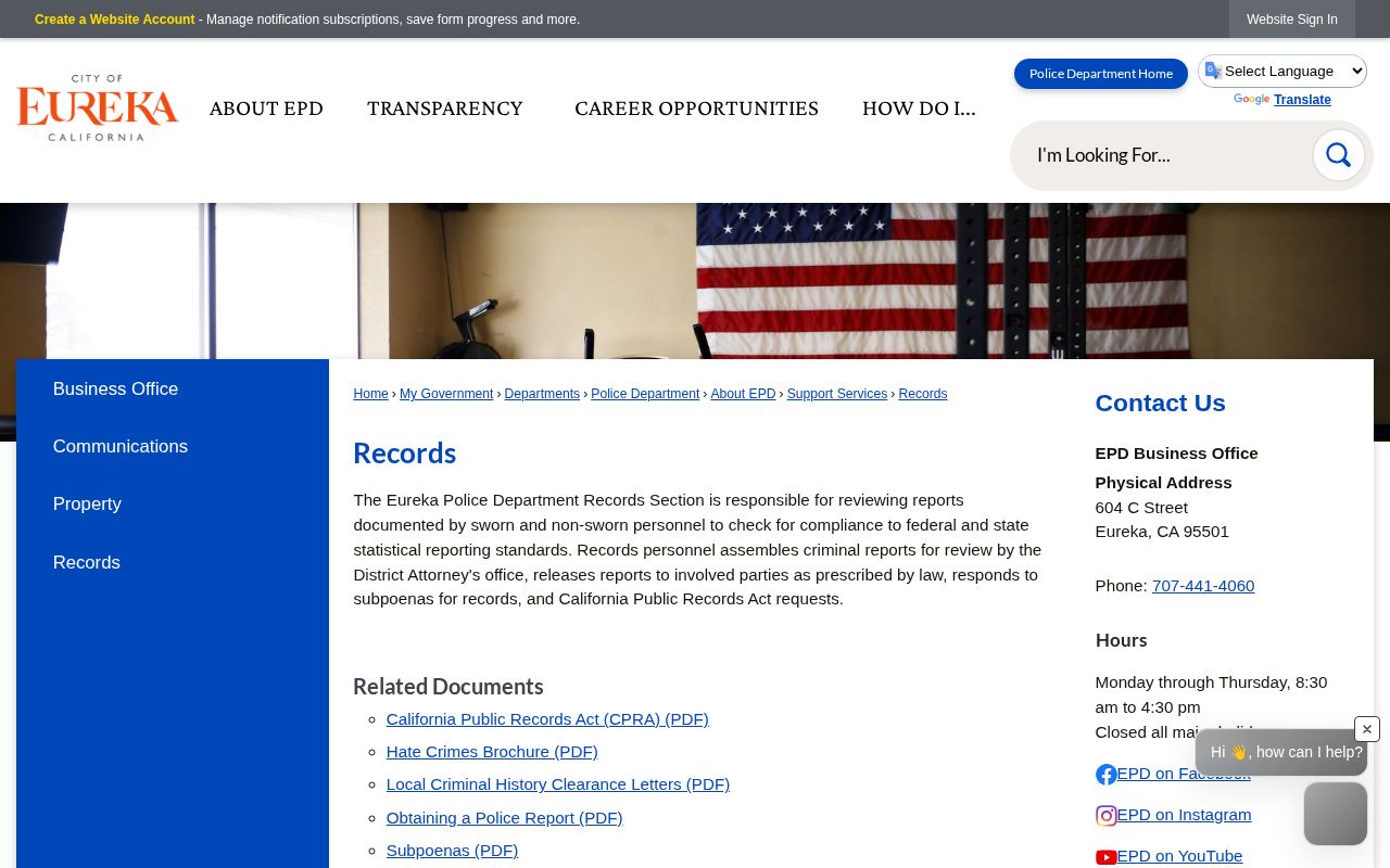 Eureka Police Department Records Section webpage with official contact and request links