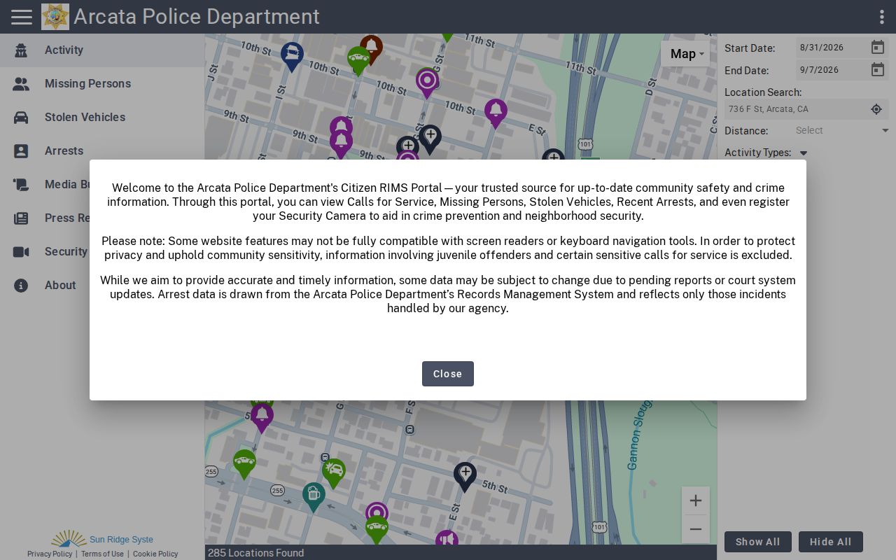 Arcata Police public arrest and incident portal search interface