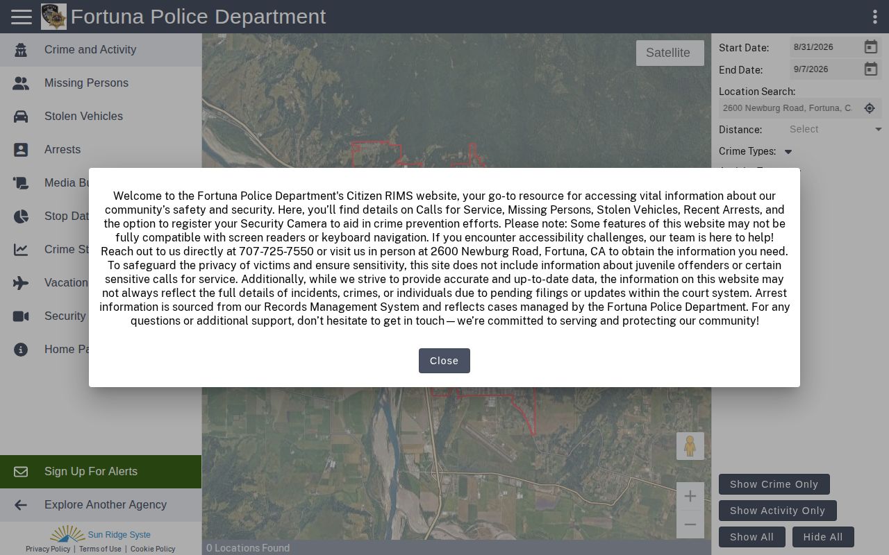 Fortuna Police Citizen RIMS public incident and arrest portal