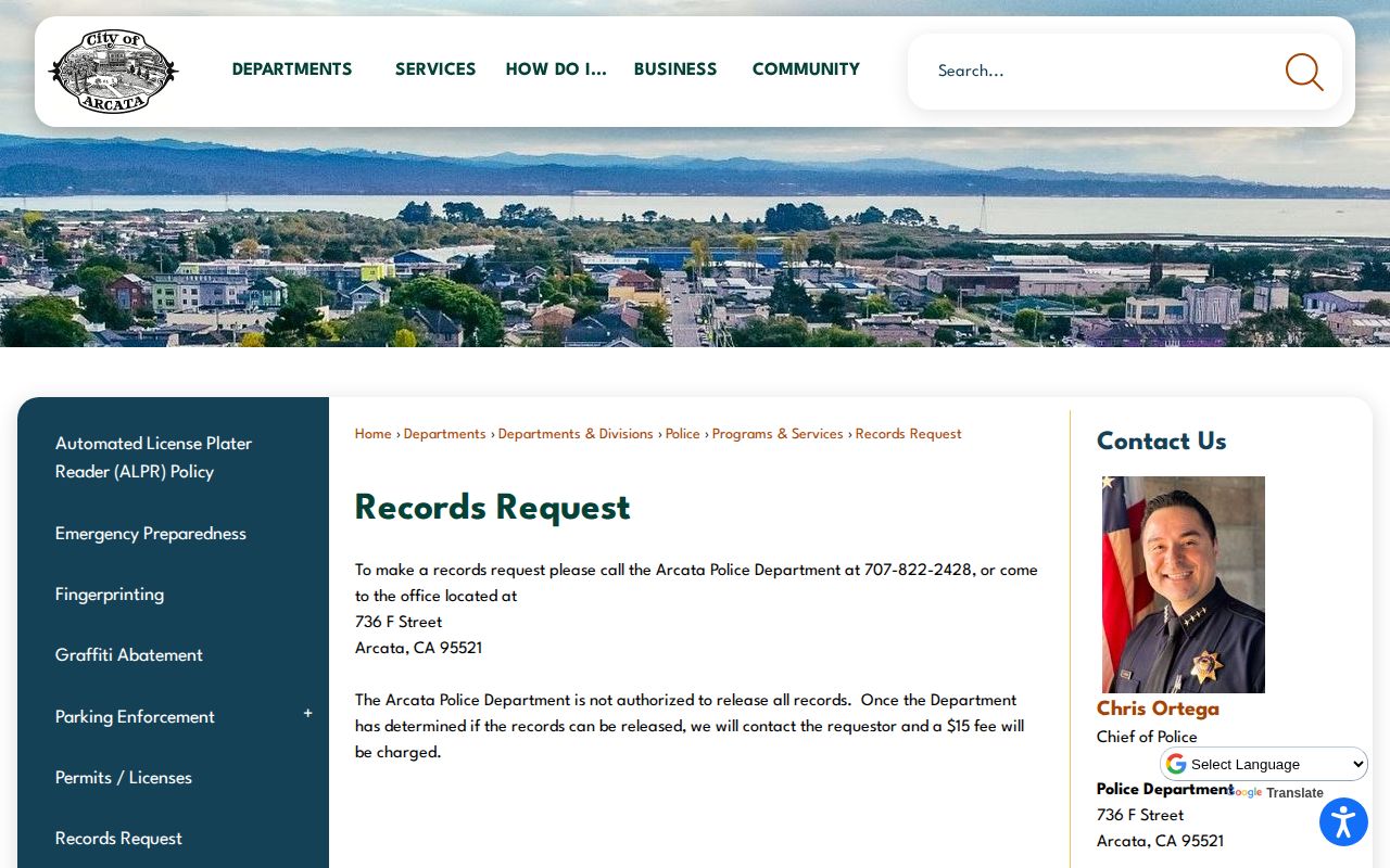 City of Arcata Police records request page describing release review and fee